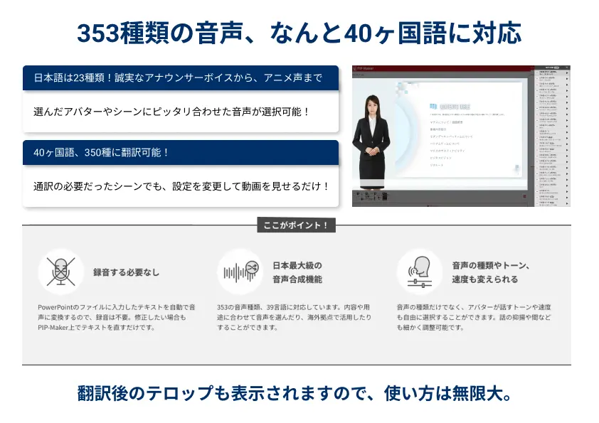 多数の音声、翻訳も対応！